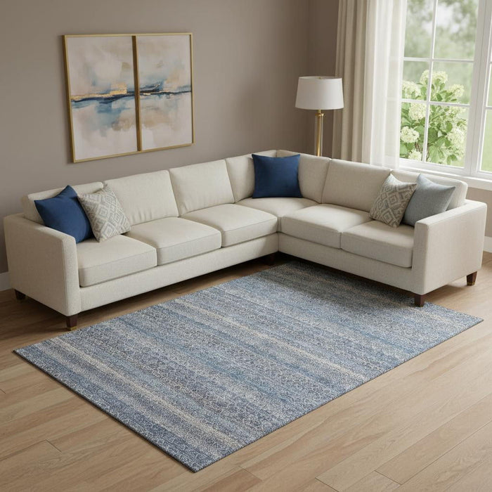 10' X 14' Striped Washable Area Rug With UV Protection (718007) - Blue / Beige