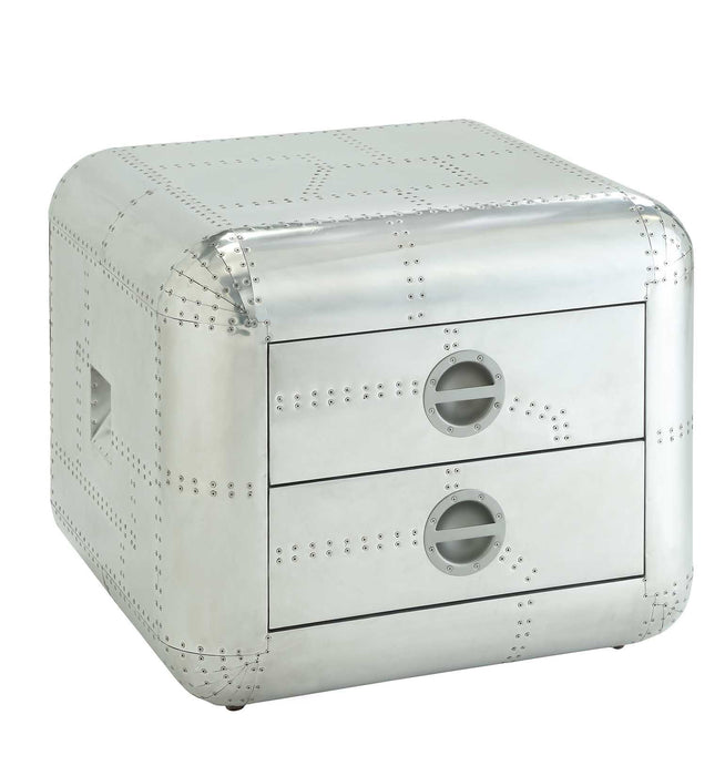 Aluminum Aviator Trunk Style Square End Table With Two Drawers - Silver
