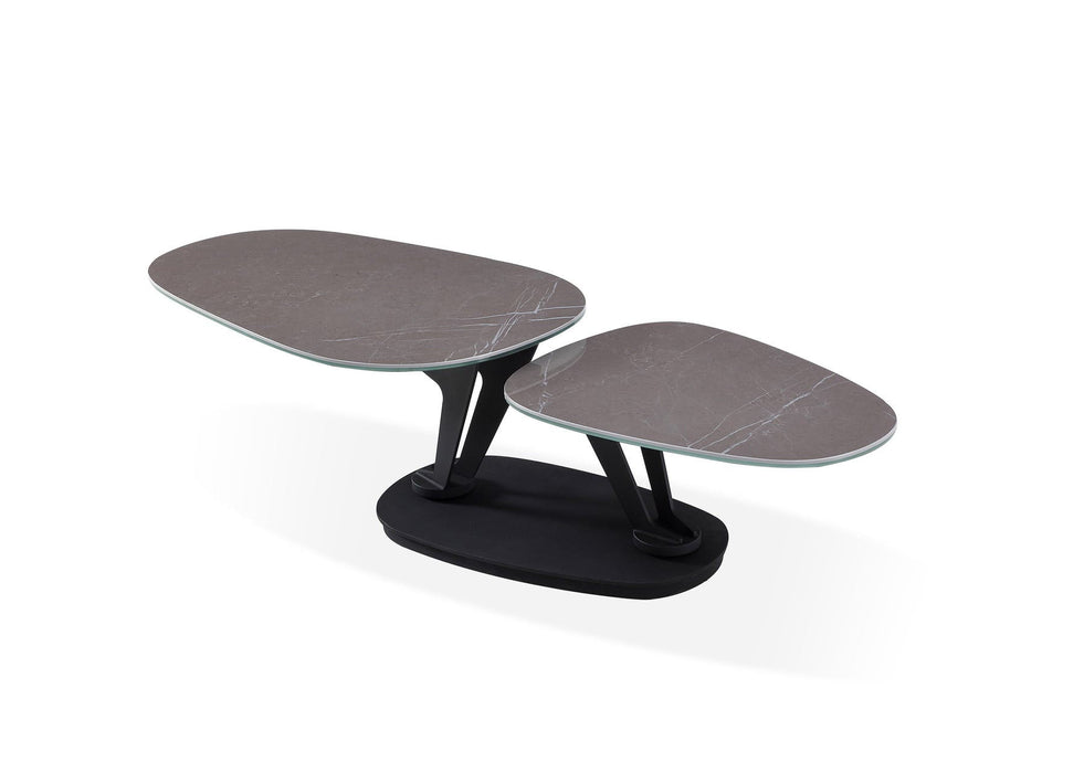 Gray and black faux marble and metal oval coffee table from HomeRoots, with a sleek modern design and sturdy metal legs.