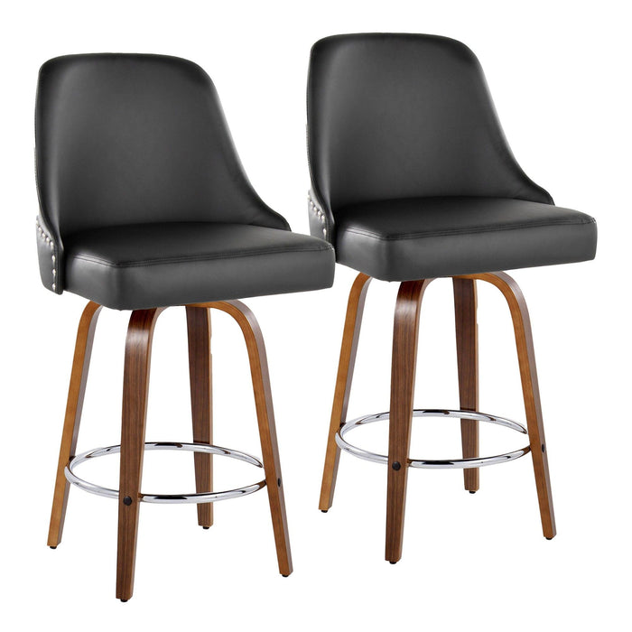 Marcel - 26" Fixed-Height Counter Stool With Swivel And Round Chrome Metal Footrest (Set of 2) - Walnut Wood And Black Faux Leather With Chrome Nailhead Trim