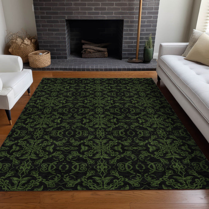 10' X 14' Medallion Washable Area Rug With UV Protection - Olive Green And Charcoal