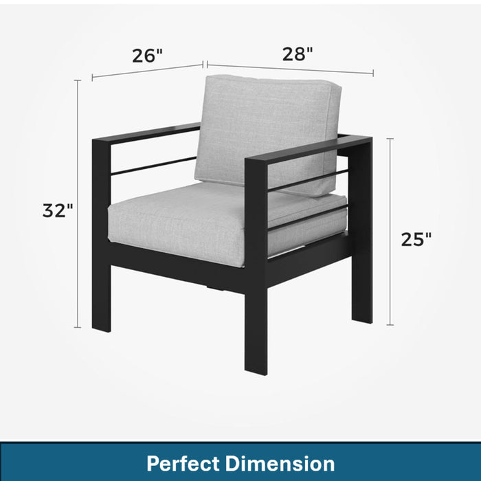 Pair of Giga modern all-weather patio armchairs with thick cushions, ideal for outdoor seating and relaxation.