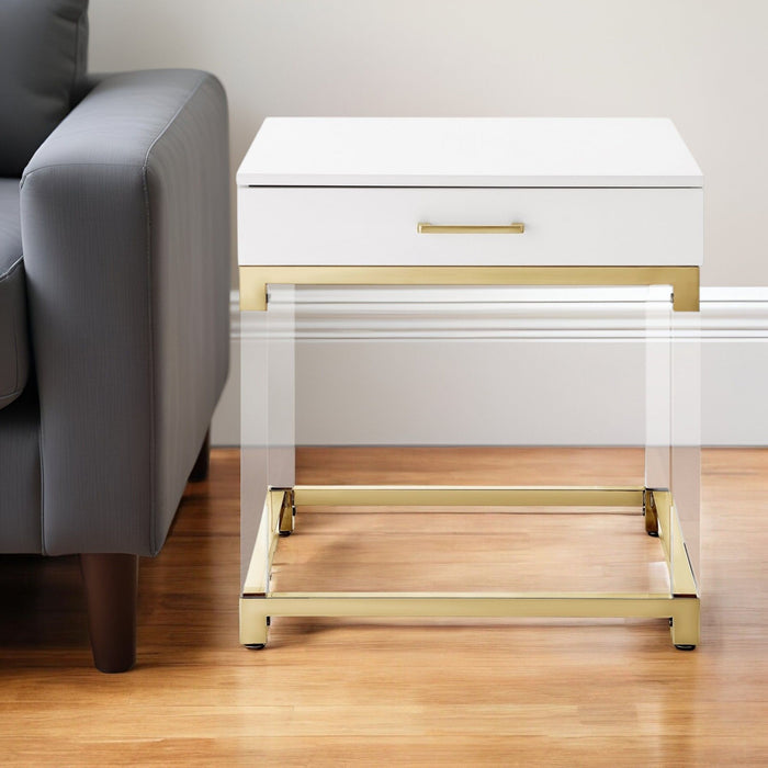 24" Wood Acrylic And Stainless Steel Square End Table With Drawer - White And Gold