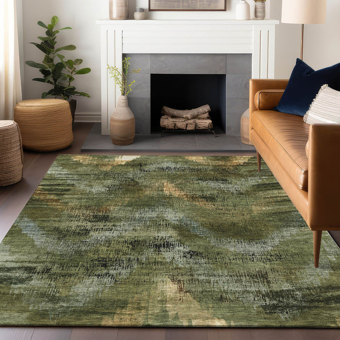 9' X 12' Abstract Washable Area Rug With UV Protection - Olive Green And Charcoal