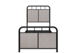 Brown Giga twin size linen upholstered platform bed frame with fabric headboard and footboard, metal construction, and clean design.