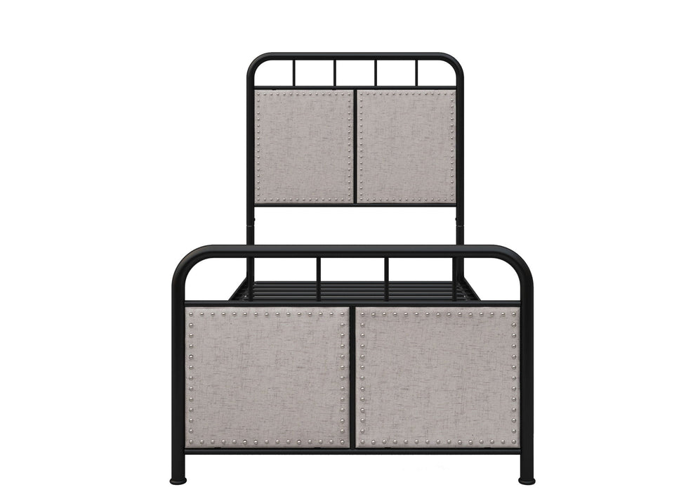 Brown Giga twin size linen upholstered platform bed frame with fabric headboard and footboard, metal construction, and clean design.
