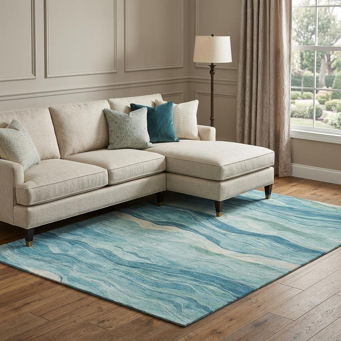10' X 14' Striped Washable Area Rug With UV Protection (692529) - Turquoise / Ivory