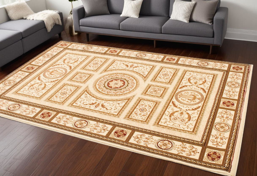 7.8' x 10.7' Oriental Power Loom Area Rug - Beige And Ivory