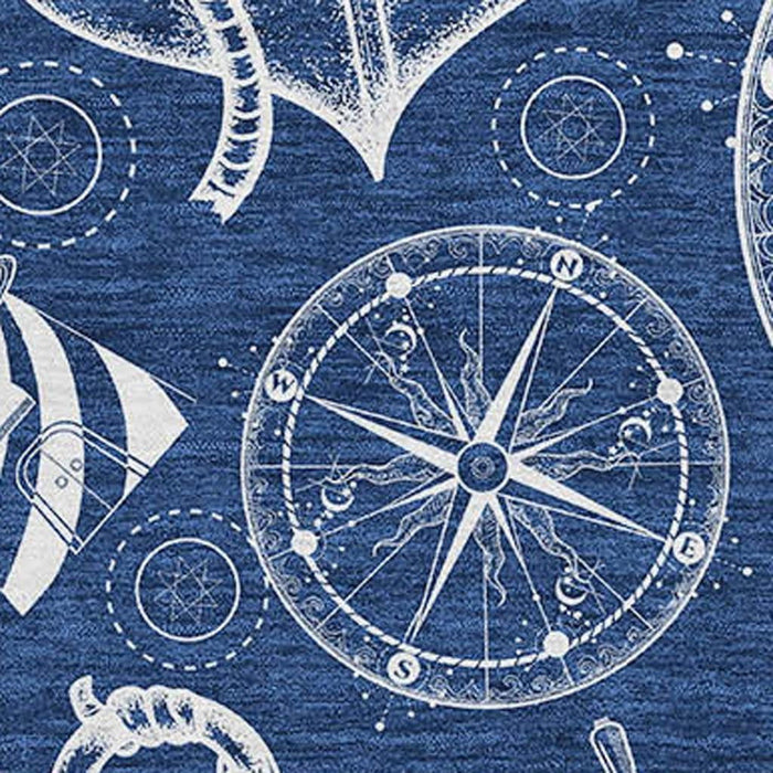 9' X 12' Nautical Washable Area Rug With UV Protection - Navy Blue And Ivory