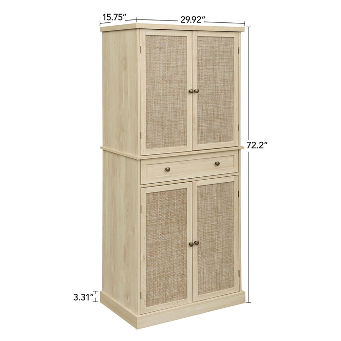 Giga natural 4-door accent storage cabinet with 1 drawer and 4 adjustable inner shelves, showcasing wood grain finish and interior storage.