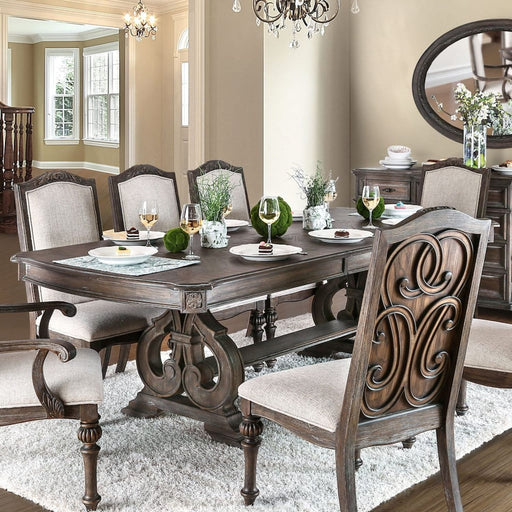 Rustic Giga 8-piece dining set with wooden table and upholstered chairs, perfect for a cozy dining room.