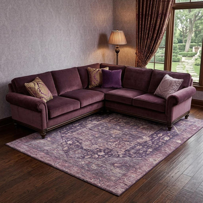 10' X 14' Oriental Washable Area Rug With UV Protection (692406) - Eggplant / Gold / Gray