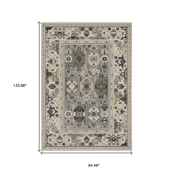 8' X 11' Oriental Area Rug With Fringe - Ivory And Blue