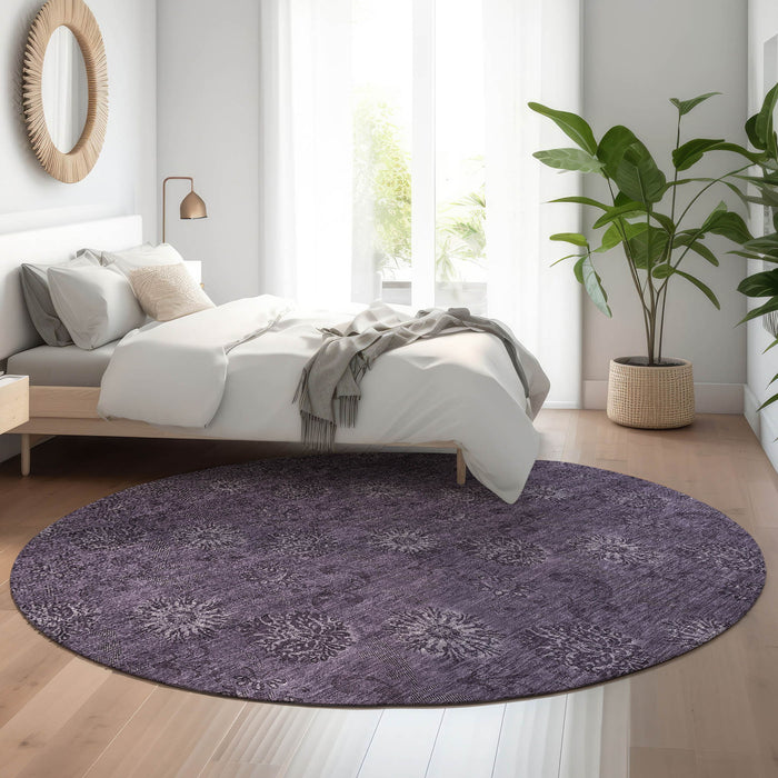 8' Floral Washable Round Rug With UV Protection - Eggplant And Ivory