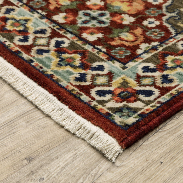 6' x 9' Oriental Power Loom Stain Resistant Area Rug With Fringe - Red Rust Navy Light Blue Brown Orange Ivory And Gold
