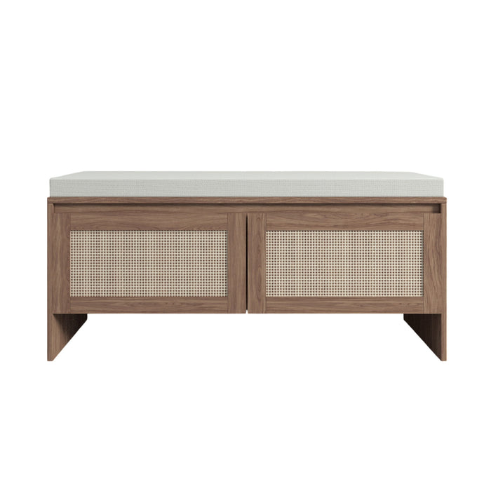 Giga storage bench with cushion and rattan accents, featuring a shoe cabinet with two doors in antique natural finish.