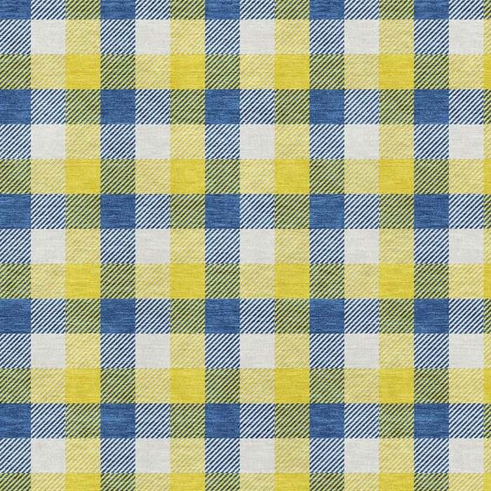 10' X 14' Plaid Washable Area Rug With UV Protection (682601) - Yellow / Navy Blue / Ivory