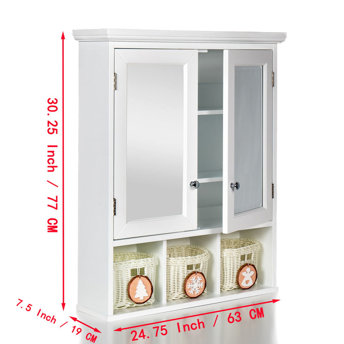 White Giga bathroom medicine cabinet with mirror, two doors, two adjustable shelves, and Christmas-style storage baskets.