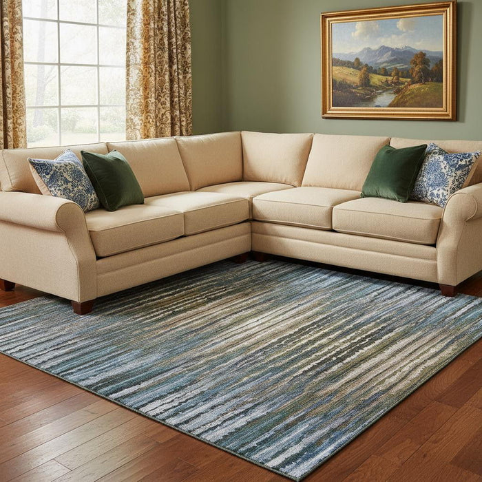 10' X 14' Striped Washable Area Rug With UV Protection (650986) - Blue / Brown / Gray
