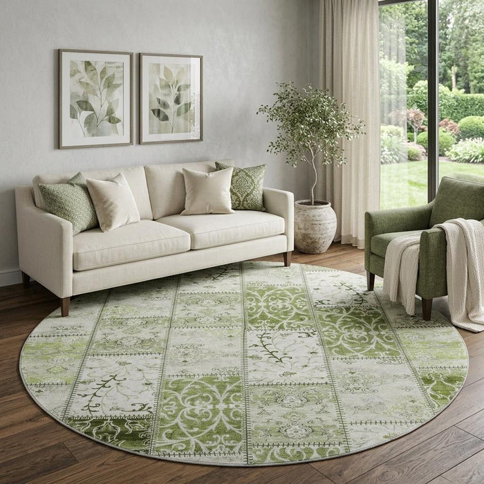 8' Patchwork Distressed Washable Round Rug With UV Protection (649573) - Green / Ivory