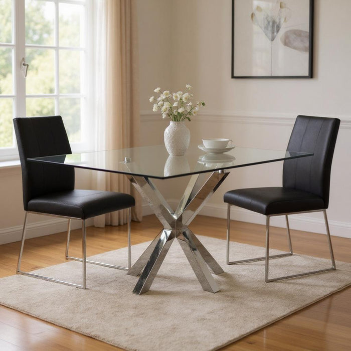 Glass And Metal Cross Leg Base Square Dining Table - Clear