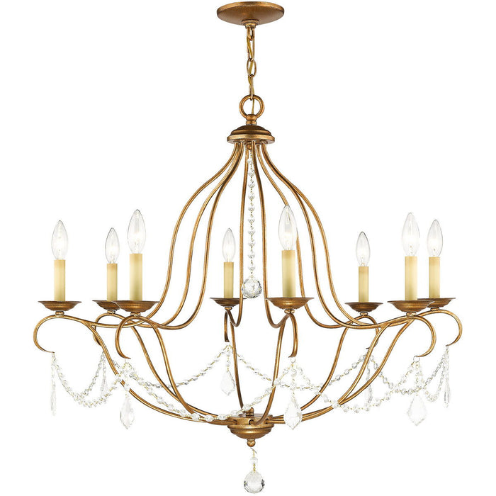 HomeRoots 30-inch eight-light dimmable chandelier with shades in antiqued gold finish, stylish lighting for elegant interiors.