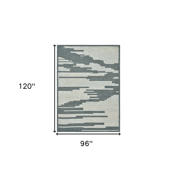 8' X 10' Wool Abstract Hand Hooked Area Rug - Blue And Ivory