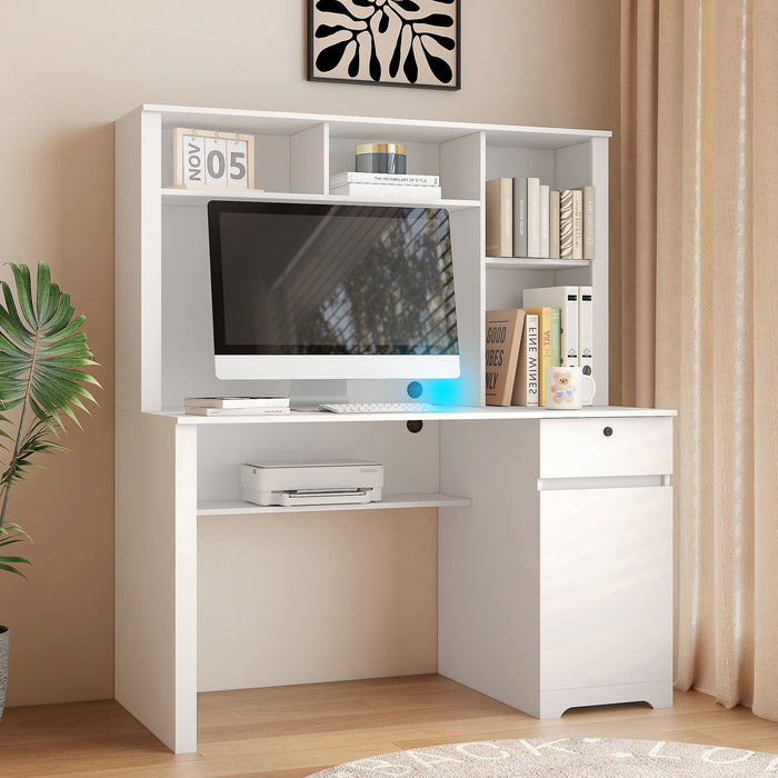 White Giga executive desk with hutch, bookshelf, drawers, 3 AC outlets, 2 USB ports, ideal for home office or student study.