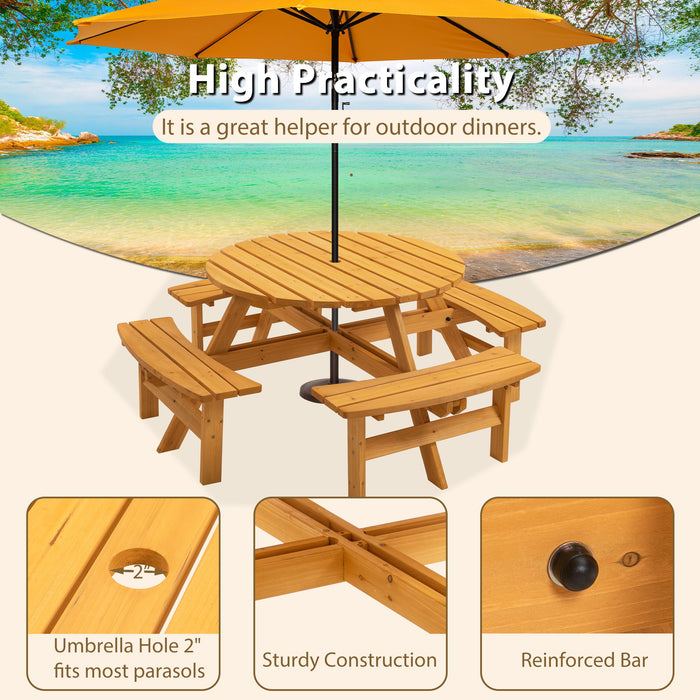 Giga 8-person wooden picnic table with built-in benches, outdoor garden dining table, sturdy design, natural wood finish