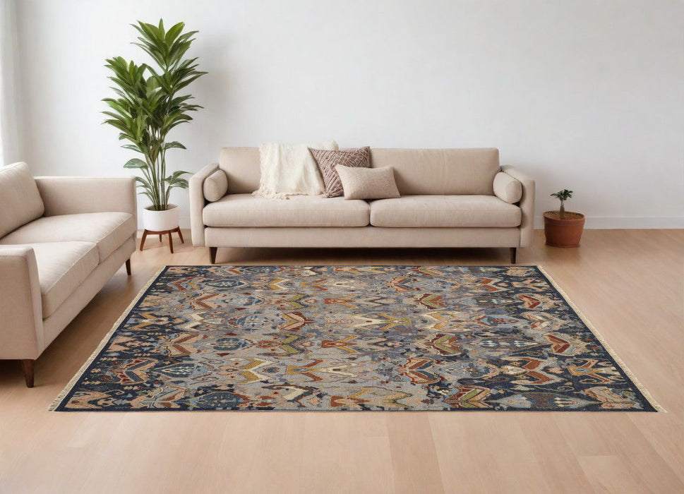 9' x 13' Wool Ikat Hand Knotted Area Rug With Fringe - Blue Gray And Brown
