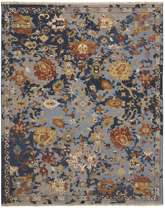 9' X 13' Floral Hand Knotted Area Rug With Fringe - Blue