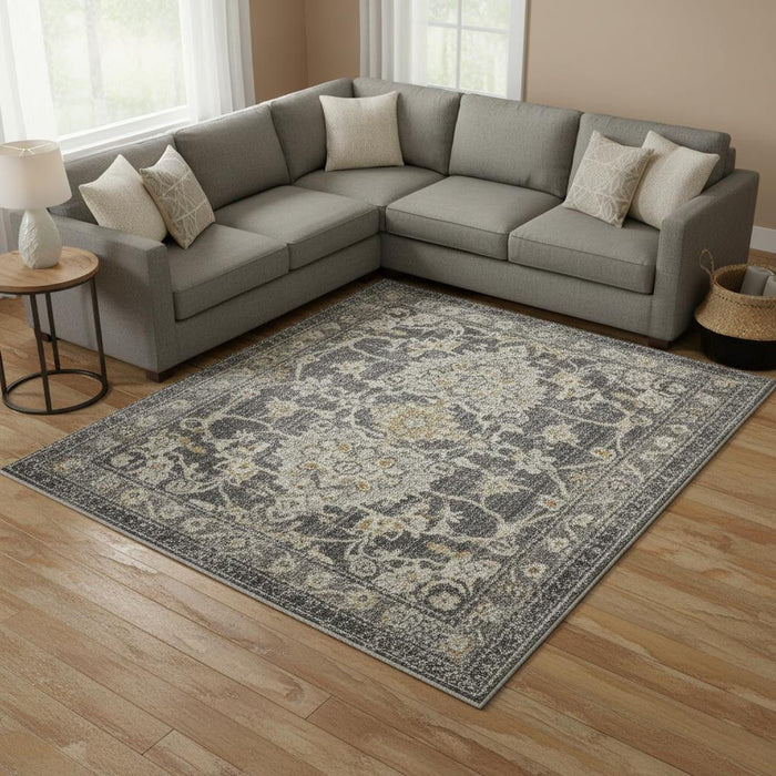 9' X 12' Floral Distressed Area Rug (573735) - Gray