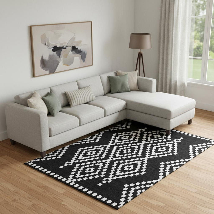 10' X 14' Geometric Washable Area Rug With UV Protection (670784) - Black / Ivory