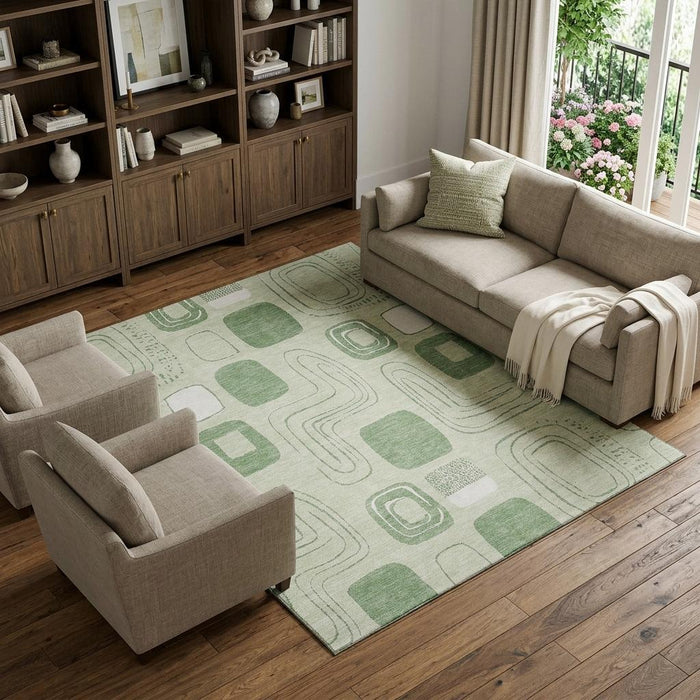 10' X 14' Geometric Washable Area Rug With UV Protection (696662) - Mint Green / Ivory