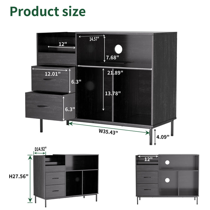 Giga eco-friendly vinyl record player stand with flip-top storage, dustproof drawers, dual outlets, and sideboard design.