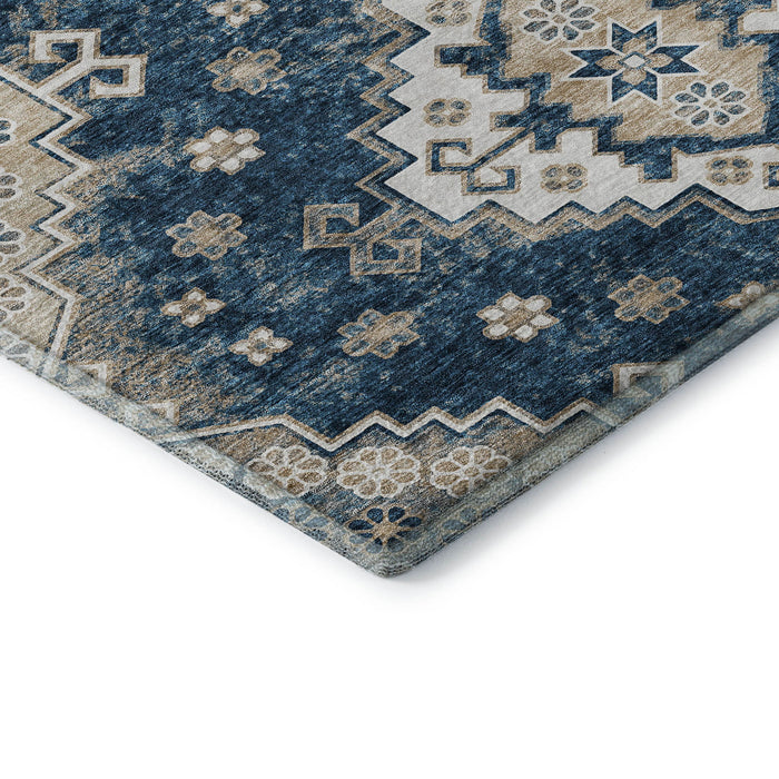 9' X 12' Medallion Washable Area Rug With UV Protection (667383) - Navy Blue / Ivory / Beige