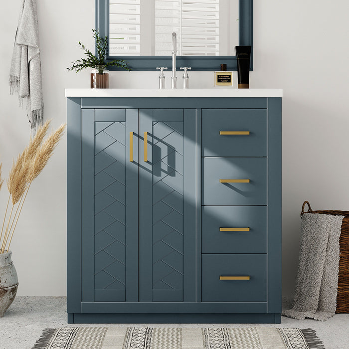 Giga bathroom vanity with sink, storage cabinet, three drawers, and soft-close doors in a freestanding design