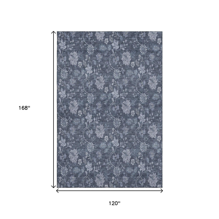 10' X 14' Floral Washable Area Rug With UV Protection (655914) - Blue / Ivory
