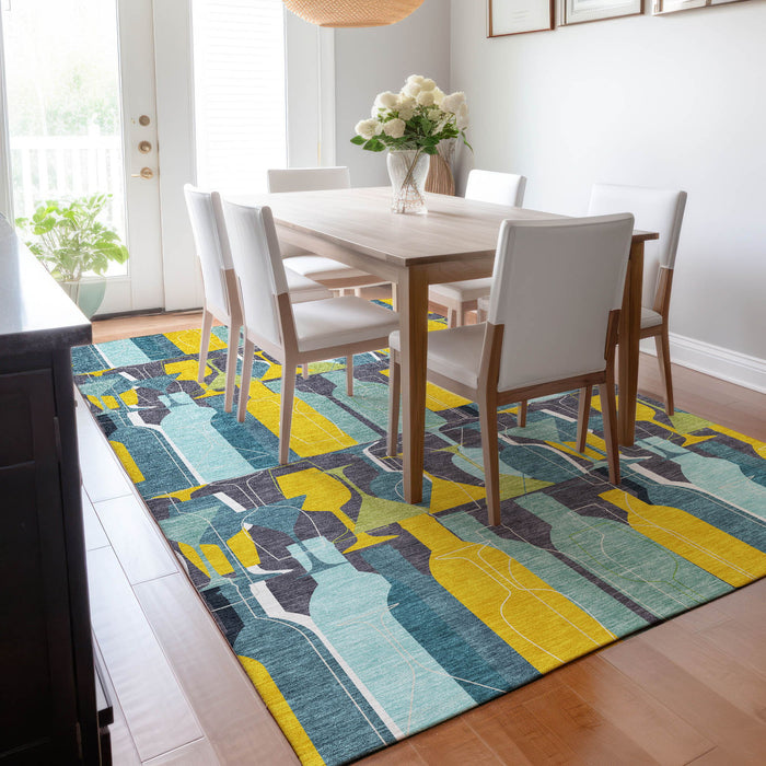 10' X 14' Geometric Washable Area Rug With UV Protection - Blue And Green