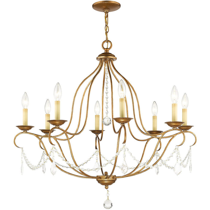 HomeRoots 30-inch eight-light dimmable chandelier with shades in antiqued gold finish, showcasing elegant lighting design.