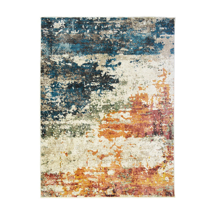 8' x 10' Abstract Distressed Area Rug With Fringe - Beige Blue And Ivory