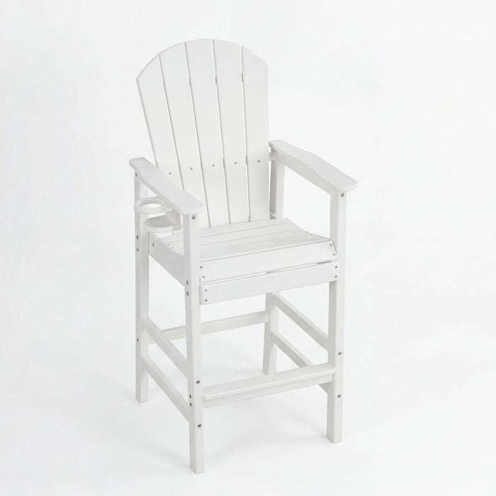 Giga white outdoor bar height Adirondack patio arm chair with cup holder, armrests, all-weather UV-resistant material.