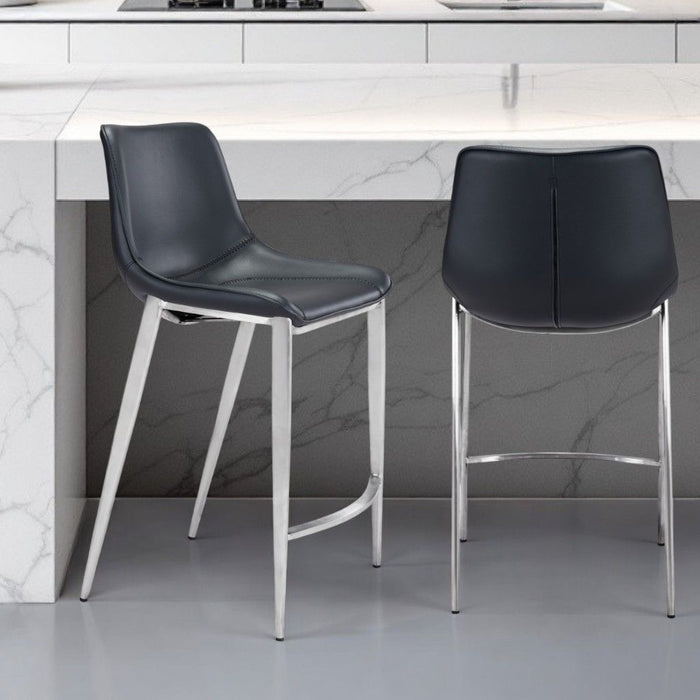 Set of two black and silver steel low back counter height bar chairs with modern design, 21.7 x 20.7 x 39.8 inches
