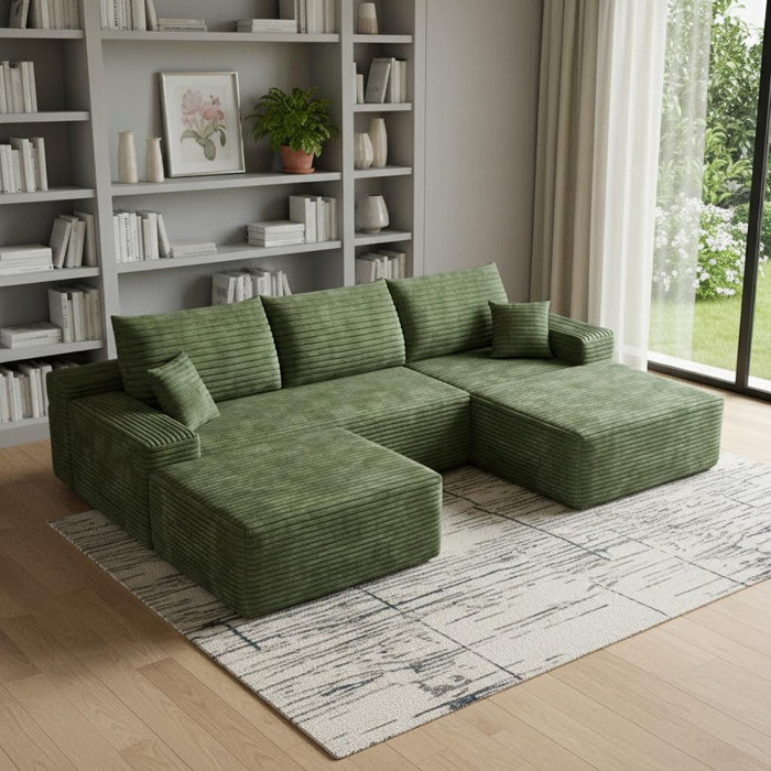 2 Piece Living Room Set Corduroy Modular Compression Foam Sofa & Ottoman Toss Pillows - Green