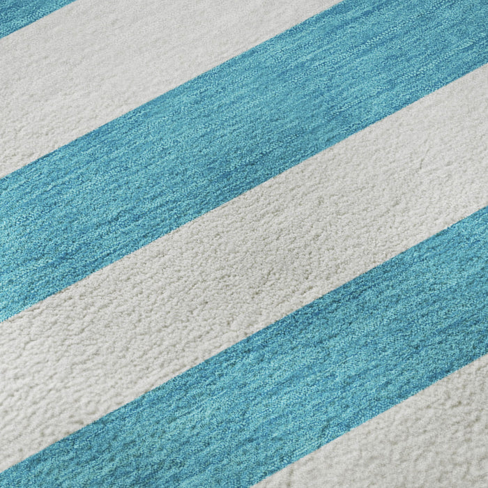 9' X 12' Striped Washable Area Rug With UV Protection (647673) - Teal / Ivory