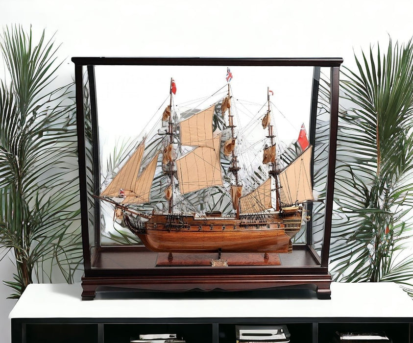 HMS Surprise 1796 Table Top Display Case Hand Painted Model Boat - Brown