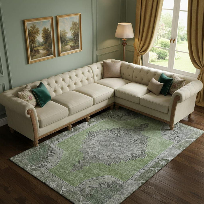 10' X 14' Oriental Washable Area Rug With UV Protection (699442) - Artichoke Green / Gray / Silver