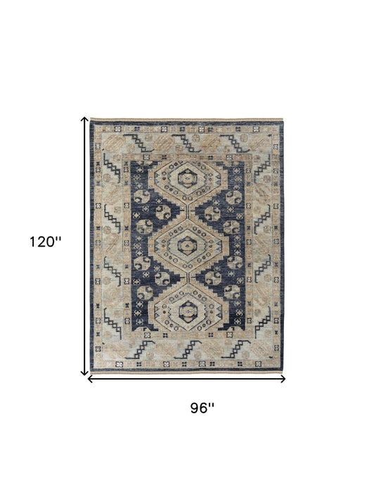 8' x 10' Wool Geometric Hand Knotted Area Rug With Fringe - Blue And Ivory
