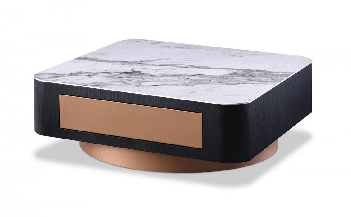 Modern Coffee Table With One Drawer - White Black And Rose Gold