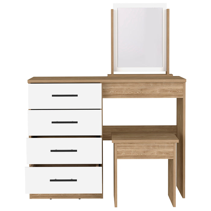 39" Wood Four Drawer Vanity Table With Mirror And Seat - Natural And White